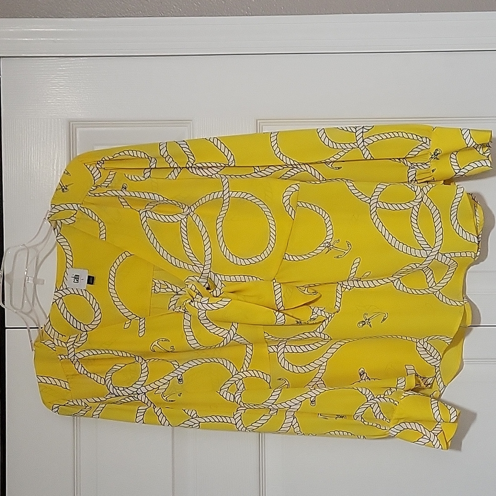 CABI 5707 Reef Knot Nautical Blouse Tie-Front Yellow Sz Large